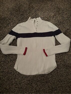 Tommy Hilfiger White Ribbed Quarter-Snap Pullover with Navy Stripe & Red Cuffs